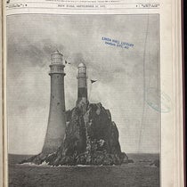 The new Fastnet Rock Lighthouse in place, with the old one behind it not yet dismantled, cover photograph, Scientific American, Sep. 28, 1907, vol. 97, no. 13, p. 217 (Linda Hall Library)