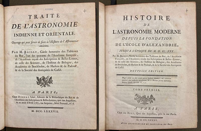 Titlepages of two of Jean-Sylvain Bailly’s history of astronomy publications (Linda Hall Library)