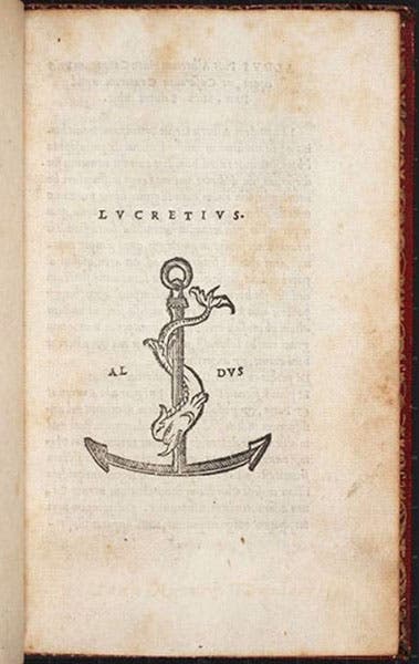 The printer’s mark of the Aldine Press, a dolphin and anchor, with the motto (implied here): festina lente – “make haste slowly” – in the Aldine edition of Lucretius, De rerum naturae, 1515 (The Linda Hall)