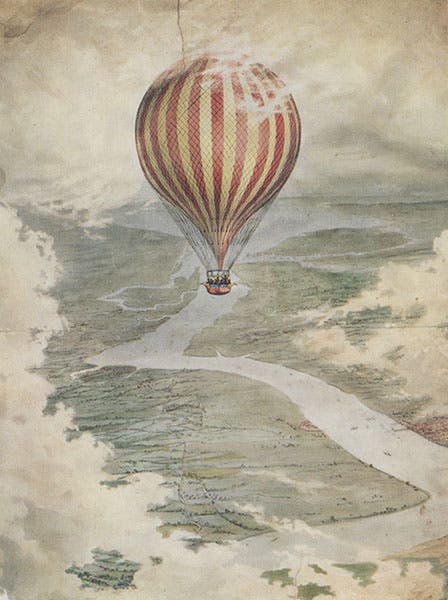 The Vauxhall or Nassau over the Medway, 1837, color photogravure in The History of Aeronautics in Great Britain, by John E. Hodgson, 1924 (Linda Hall Library)