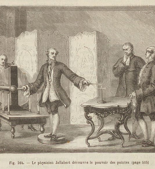 Jallabert and the power of point, wood engraving by L. Guiguet in Louis Figuer, <i>Les merveilles de la science</i>, vol. 1, 1867 (Linda Hall Library)