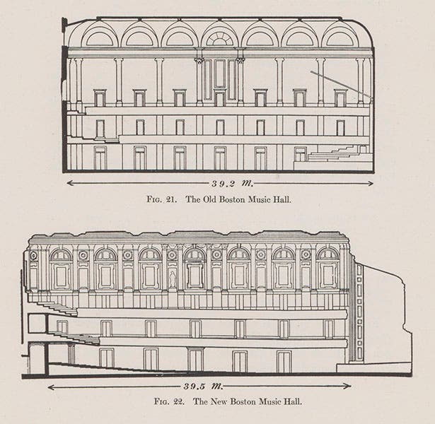 The new Boston Music Hall, designed by Wallace Sabine (bottom) with the old Music Hall above, from Wallace Sabine, Collected Papers on Acoustics, 1922 (Linda Hall Library)