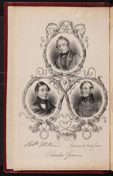 The three participants in the Vauxhall’s flight to Germany, Charles Green (top), Robert Hollond (left), and Monck Mason (right), frontispiece to Aeronautica, by T. Monck Mason, 1838 (Linda Hall Library)