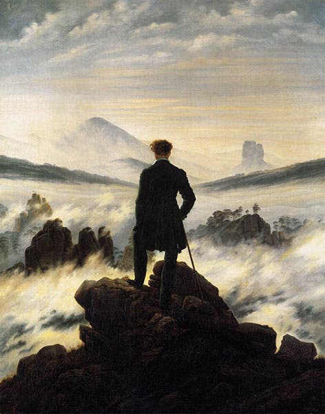 The Wanderer above the Sea of Fog, oil on canvas, by Caspar David Friedrich, 1818, Kunsthalle, Hamburg (wga.hu)