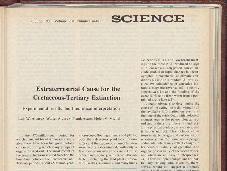 First paragraph, “Extraterrestrial cause for the Cretaceous-Tertiary extinction,” by Luis W. Alvarez, Walter Alvarez, Frank Asaro, and Helen V. Michel, Science, vol. 208, p. 1095, June 6, 1980 (Linda Hall Library)