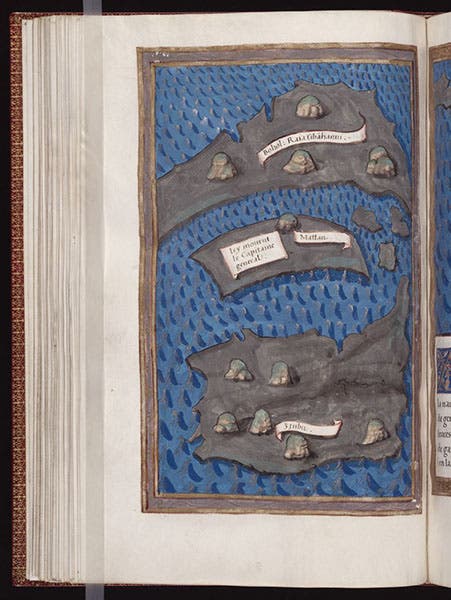 Mactan in the Philippines, where Ferdinand Magellan was killed on Apr. 27, 1521, hand-drawn map, from the manuscript diary by Antonio Pigafetta, ca 1525, copy at the Beinecke Library, Yale University