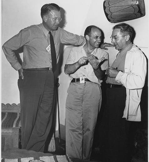 Three Nobel-prize winning atomic physicists who worked hard for a Allied victory in World War II: Ernest O. Lawrence (<i>left</i>), Enrico Fermi (<i>center</i>), and Isidor Rabi, ca 1945 (Wikimedia commons)