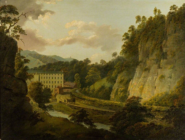 Arkwright’s Mills, oil painting by Joseph Wright, of Arkwright’s mill at Cromford, 1795, in the Derby Museum and Art Gallery (artuk.org)