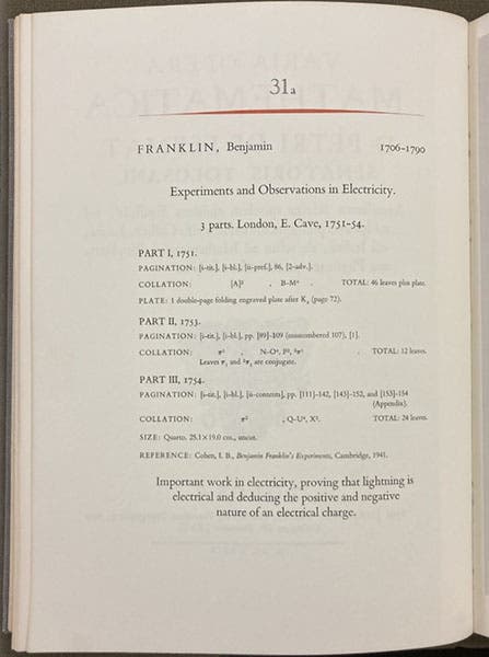 Description of item 31a, Benjamin Franklin, Experiments and Observation in Electricity, 1751-54, in One Hundred Books Famous in Science, by Harrison D. Horblit, 1964 (Linda Hall Library)
