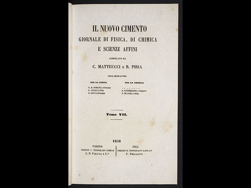 Cannizzaro's paper, published in volume 7 of the Pisan journal Il Nuovo Cimento, did not initially attract many readers, but it was republished as a pamphlet in 1859.