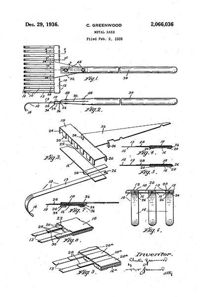 U.S. Patent 2,066,036, 1936: Metal Rake (Google Patents)