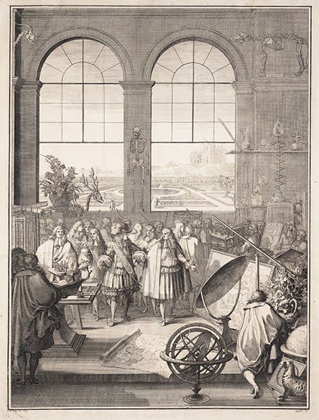 Imagined meeting of the French Academy of Sciences, engraved frontispiece by Sébastien Le Clerc, Recueil de plusieurs traitez de mathématique,1676 (Linda Hall Library)