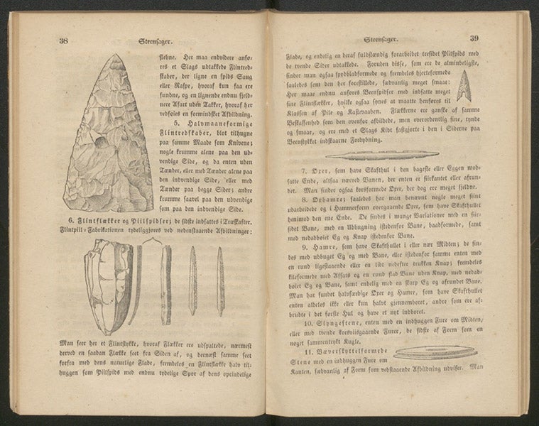 Stone tools, woodcuts, in Christian Thomsen, Ledetraad til Nordisk Oldkyndighed, 1836 (Linda Hall Library)