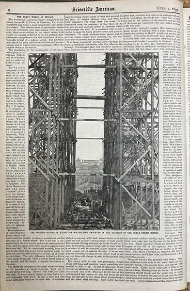 Wooden scaffolding for erecting the Ferris Wheel in Chicago, <i>Scientific American</i>, July 1, 1893 (Linda Hall Library)