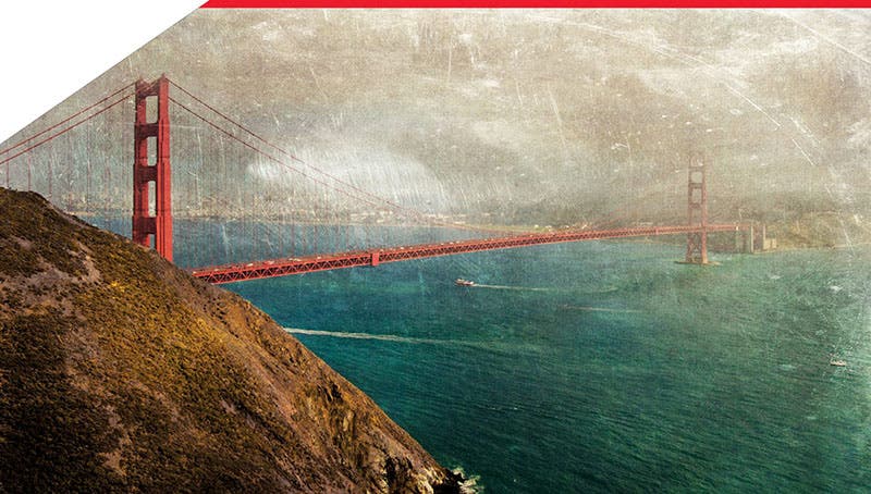 Golden Gate Bridge, completed in 1937 according to the design of Charles Alton Ellis and others, early photograph, source and date unknown, Wesleyan University Magazine, Dec. 5, 2018 (magazine.blogs.wesleyan.edu)