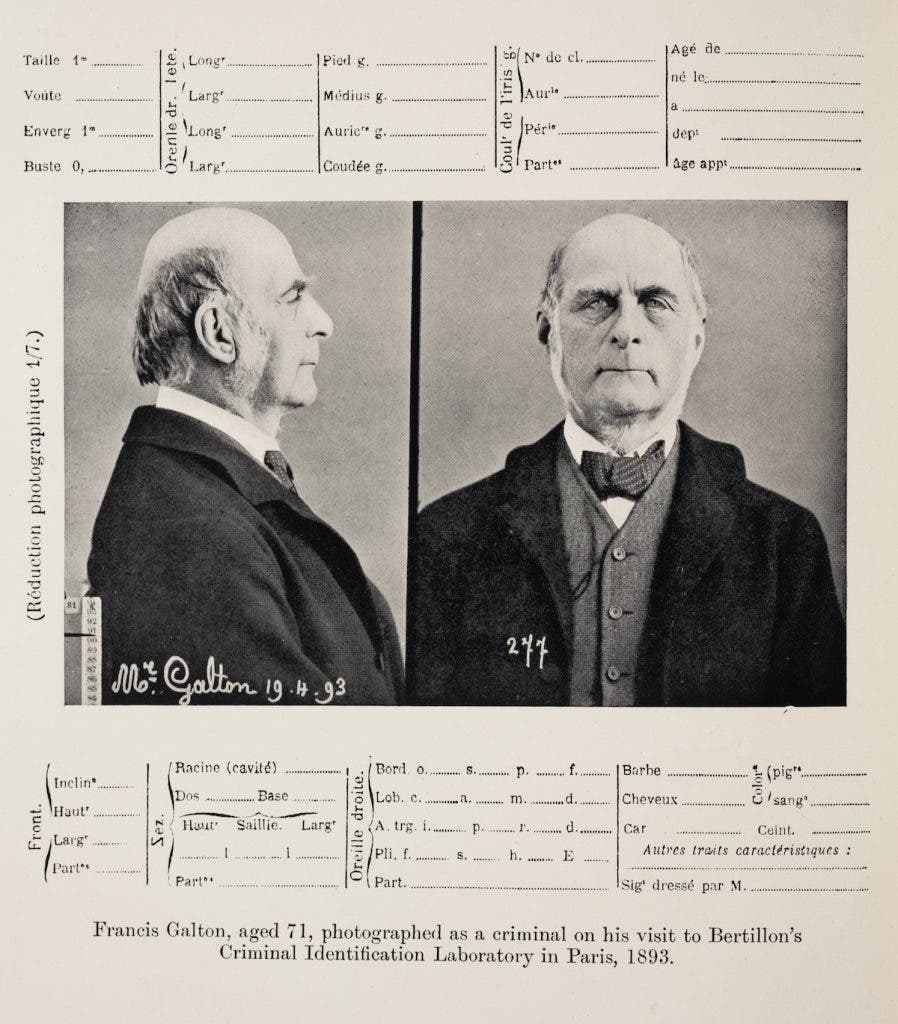 Francis Galton’s portrait on a Bertillon card he received while visiting Bertillon’s Paris laboratory in 1893. Image source: Pearson, Karl. The Life, Letters and Labours of Francis Galton, vol. 1. Cambridge University Press, 1930. View Source