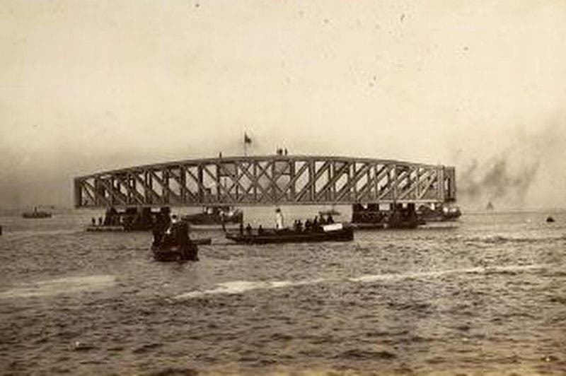 Floating one of the center spans for the second Tay Bridge into position, photograph, ca 1884 (dailyrecord.co.uk)