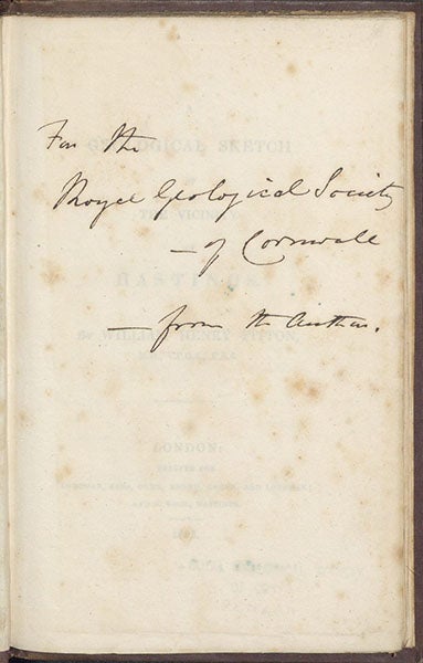 Front free endpaper, with inscription to the Royal Geological Society of Cornwall, William Edward Fitton, A Geological Sketch of the Vicinity of Hastings, 1833 (Linda Hall Library)
