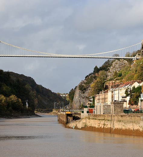View of the Clifton Suspension Bridge over the River Avon, Bristol, based on a design by Isambard Kingdom Brunel, opened for traffic on Dec. 8, 1864, modem photograph (Wikimedia commons)