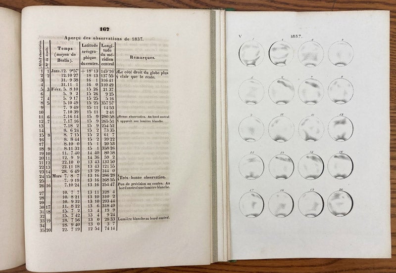 Text on Mars in 1837 and plate showing Mars in 1837, both visible simultaneously to the reader, Wilhelm Beer and Johann Mädler, Fragmentes sur les corps celestes du system solaire, 1840 (Linda Hall Library)