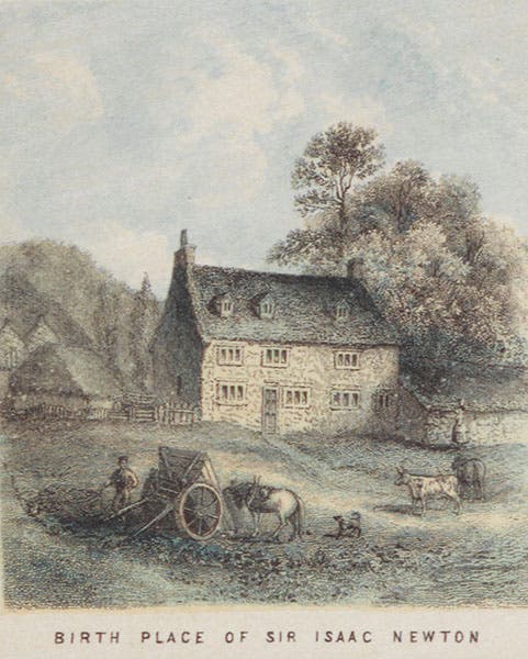 Isaac Newton’s birthplace, detail of a colored engraving, Ormsby MacKnight Mitchel, Planetary and Stellar Worlds, 1861 (Linda Hall Library)