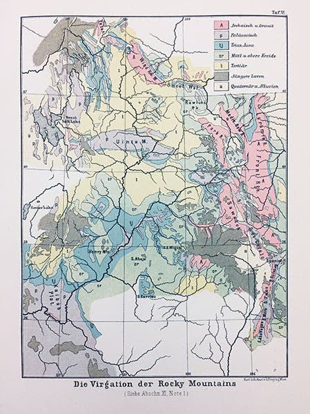 Geology of the Rocky Mountains, chromolithograph in Eduard Suess, Das Antlitz der Erde, 1883-1909 (Linda Hall Library)