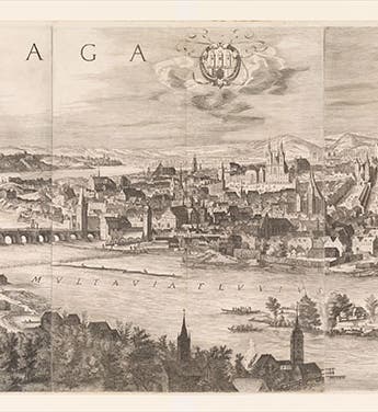 The Charles Bridge, with Old Town to the right (east), detail of panorama of Prague, etching by Johannes Wechter, after Philip van den Bossche, published by Aegidius Sadeler II, 1606, Metropolitan Museum of Art (metmuseum.org)