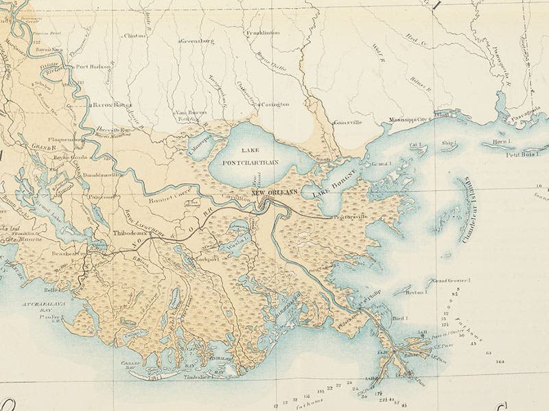 The Mississippi River delta near New Orleans, detail of the second map, in Report upon the Physics and Hydraulics of the Mississippi River, by Andrew A. Humphreys and Henry L. Abbot, 1861 (Linda Hall Library)