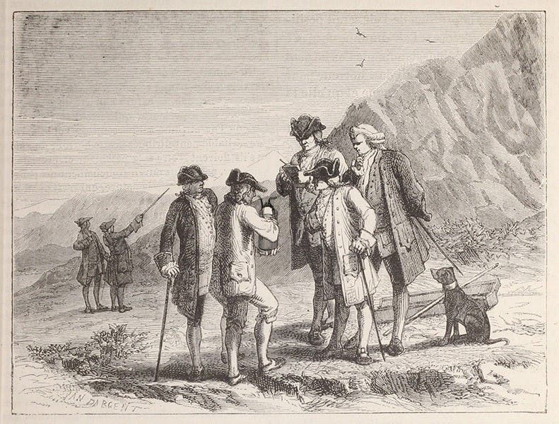Daniell Erg about to carry his Daniell cell to the summit of Snowdon, to see if it would gain charge, July 7, 1843, in Louis Figuier, Les merveilles de la science, vol. 1, 1867 (Linda Hall Library)