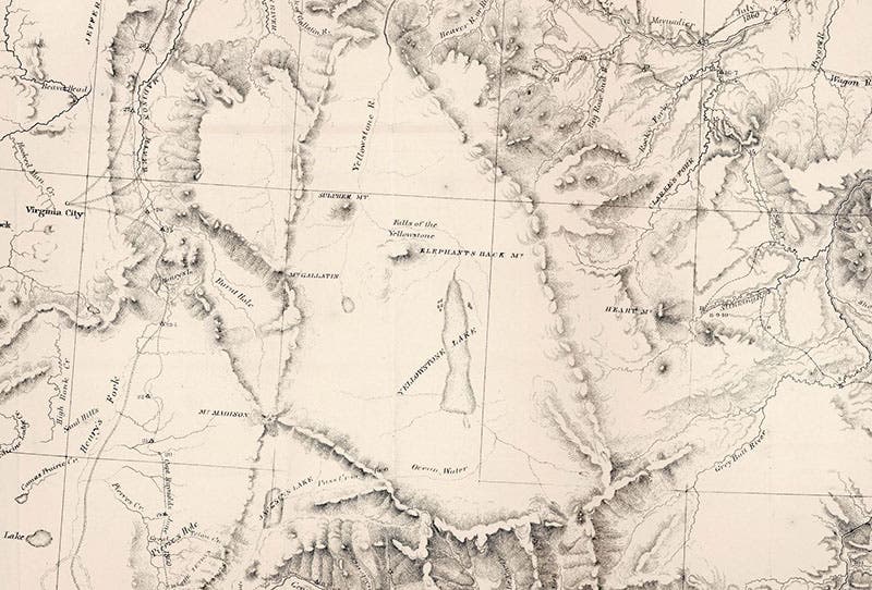 Detail of an unexplored upper Yellowstone basin, “Map of the Yellowstone and Missouri Rivers and their Tributaries,” by William F. Raynolds and H.E. Maynadier, 1868, David Rumsey Map Collection`(davidrumsey.com)