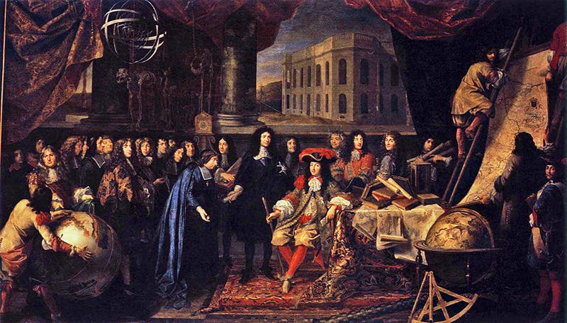Group portrait of the members of the Royal Academy of Science at Paris being presented to King Louis XIV, ca 1667, by Henri Testelin, 1675, Versailles (Wikimedia commons)