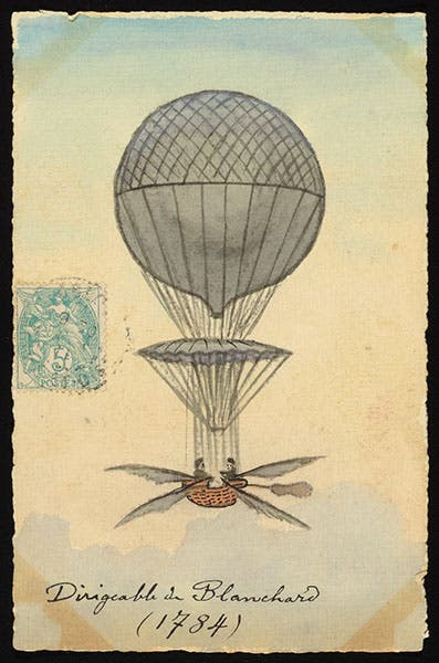 A 1909 postcard depicting Blanchard’s balloon of 1784, collection of the Science History Institute (digital.sciencehistory.org)