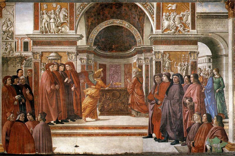 Angel Appearing to Zechariah, by Domenico Ghirlandaio, Tornabuoni Chapel, Santa Maria Novella, Florence, 1490; Marsilio Ficino is at far left (Web Gallery of Art)