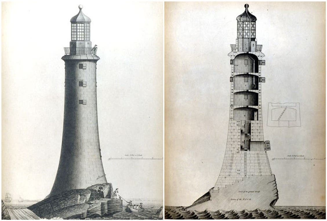 Edystone Lighthouse south elevation. Image source: Smeaton, John. A Narrative of the Building and a Description of the Construction of the Edystone Lighthouse with Stone. London: Printed for the author by H. Hughs, 1791, pl. 8-9.