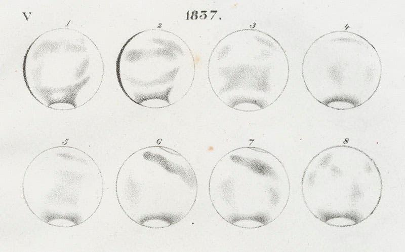 Eight drawings of Mars by Johann Mädler, 1837, detail of lithograph in Beer and Mädler, Fragments sur les corps celestes, 1840 (Linda Hall Library)