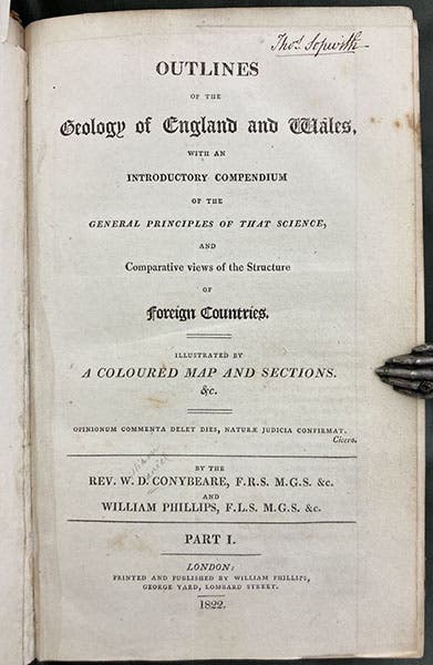 Title page, Outlines of the Geology of England and Wales, by William D. Conybeare and William Phillips, 1822, copy once owned by Thomas Sopwith (Linda Hall Library)