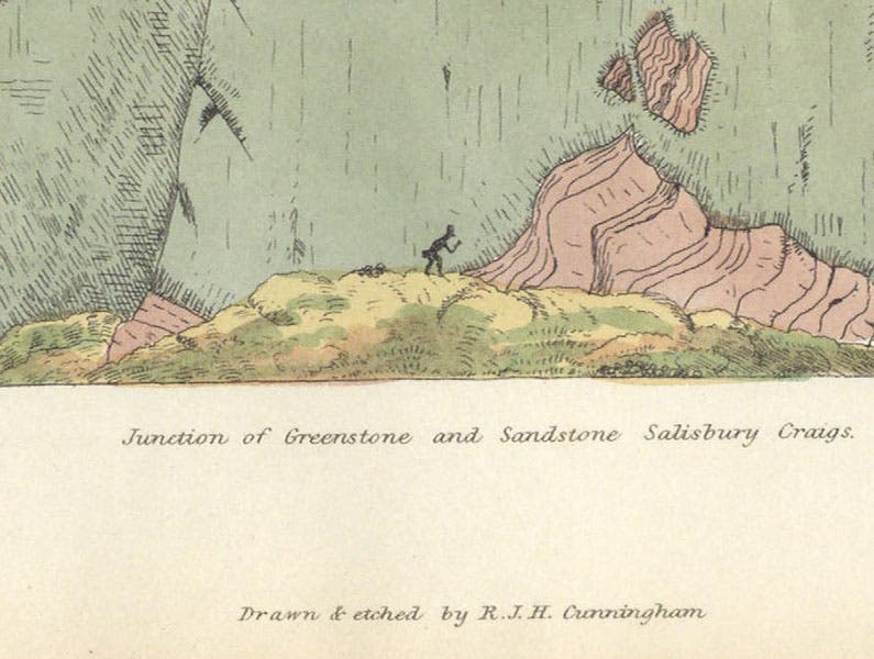 Tiny figure with rock-hammer (James Hutton?) investigating sandstone fragments “floating” in the greenstone at Salisbury Crags, detail of seventh image, Essay on the Geology of the Lothians, by Robert J. Hay Cunningham, 1838; note that Cunningham drew and etched the plate himself  (Linda Hall Library)