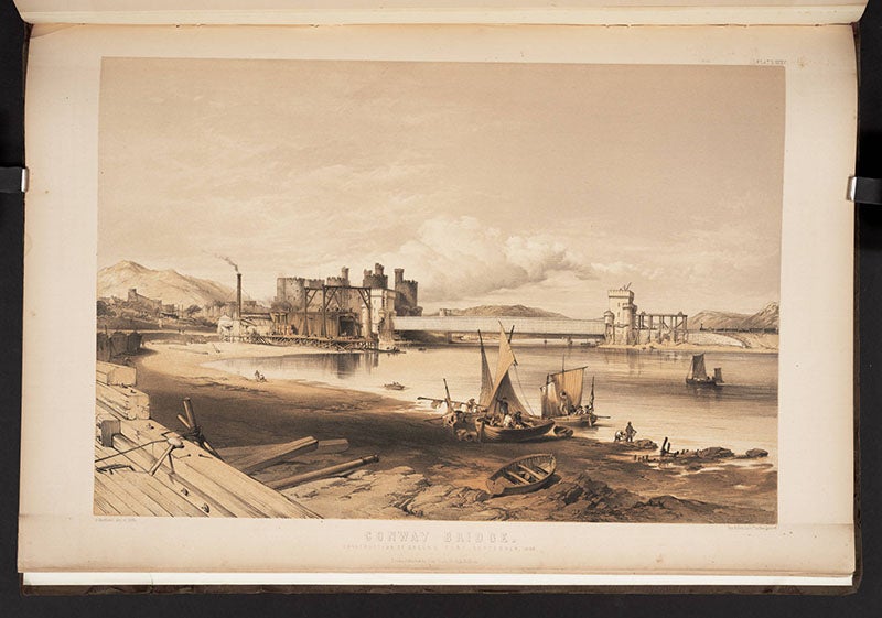Jacking a tube into position, The Britannia and Conway Tubular Bridges (1850) (Linda Hall Library)