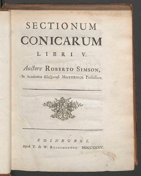 Title page of Sectionum conicarum, by Robert Simson, 1735 (Linda Hall Library)
