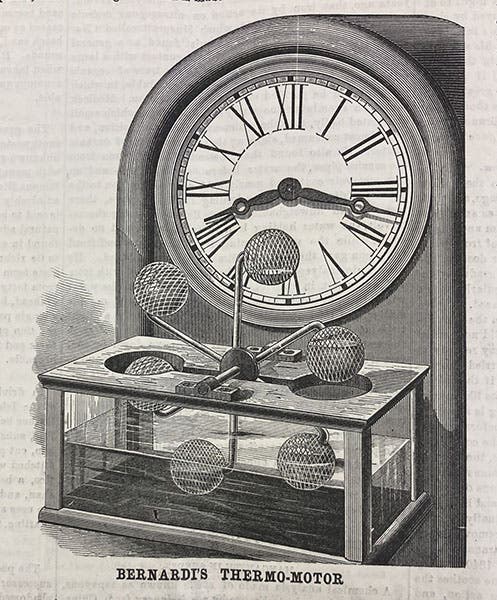 “Bernardi’s Thermo-Motor,” wood-engraving accompanying an article on Enrico Bernardi’s heat engine of 1872, in Scientific American, vol. 31, p. 150, Sep. 5, 1874 (Linda Hall Library)