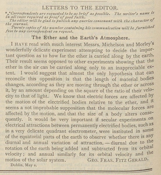 Detail showing letter to the editor by George Francis FitzGerald, “The Ether and the Earth’s Atmosphere,” dated May 2, 1889, Science, vol. 13, 1889 (Linda Hall Library)