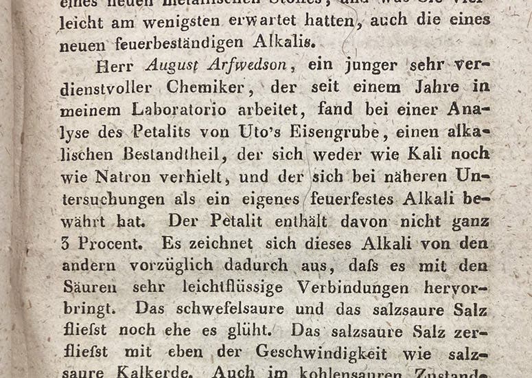 Section of an article where Jons Jakob Berzelius praises and credits the discovery of lithium to August Arfwedson, Journal für Chemie und Physik, vol. 21, p. 45, 1817 (Linda Hall Library)