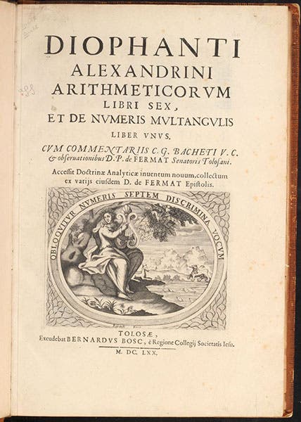 Title page, Arithmeticorvm libri sex, by Diophantus of Alexandia, ed. and transl. by Claude Bachet, with notes by Samuel de Fermat, 1670 (Linda Hall Library)