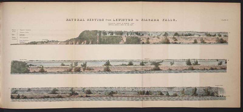 A section from Lewiston, New York, to Niagara Falls, a distance of less than 10 miles, hand-colored engraving in The Geology of New York, Pt. IV:  Survey of the Fourth Geological District, by James Hall, 1843 (Linda Hall Library)