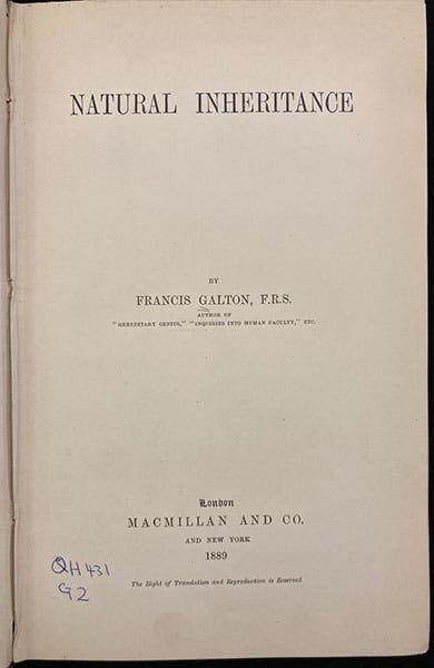 Title page, Natural Inheritance, by Francis Galton, 1889 (Linda Hall Library)