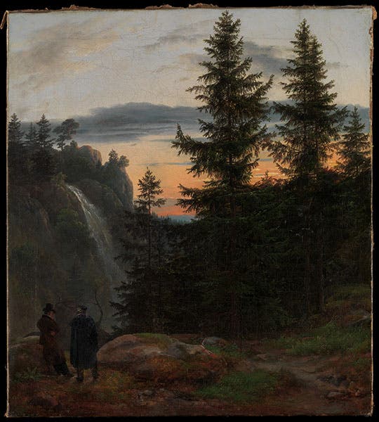Two Men before a Waterfall at Sunset, oil on canvas, by Johan Christian Dahl, 1823, Metropolitan Museum of Art, New York (metmuseum.org)