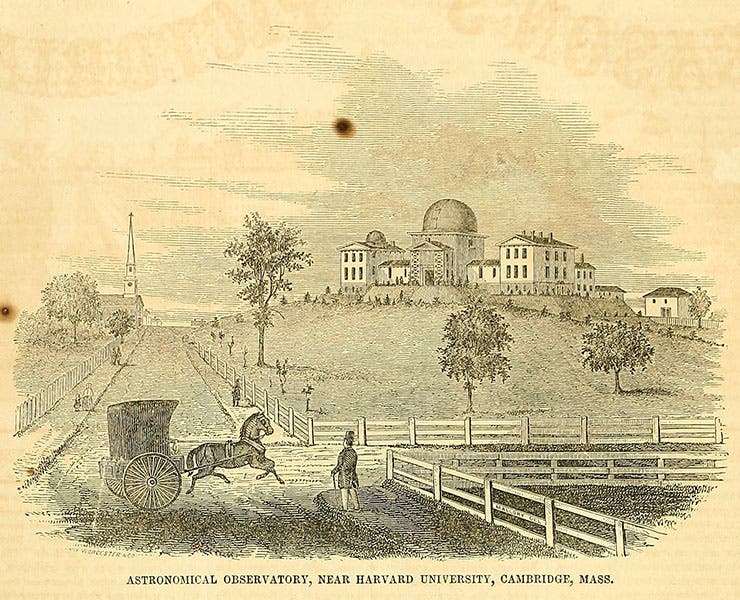 The buildings of Harvard College Observatory, Cambridge, Mass., with the large dome for the Great Refractor, woodcut, 1851, courtesy of Tom Fine (hea-www.harvard.edu/~fine)