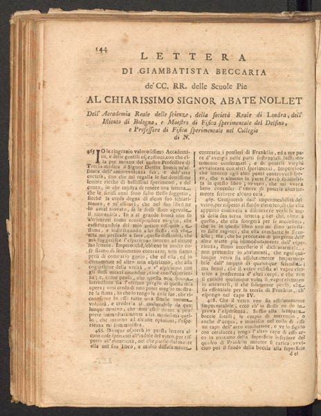 Letter to Abbé Nollet from G.B. Beccaria, inserted into his Dell'elettricismo artificiale, e naturale, 1753 (Linda Hall Library)
