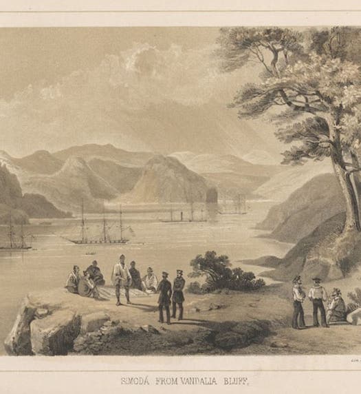 Naval officers on Vandalia Bluff, overlooking the U.S. fleet in Simoda Bay, Japan, chromolithograph, from Francis L, Hawks, <i>Narrative of the Expedition of an American Squadron to the China Seas and Japan</i>, vol. 1, 1856 (Linda Hall Library)