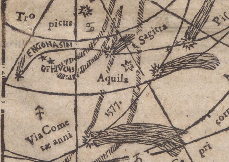 “Via cometae anni 1577,” path of the Comet of 1577, moving from bottom to top, detail of woodcut comet map, title page, Consideratio & obseruatio cometae aetherei astronomica, qvui anno M D LXXX … in alto Aethere apparuit, by Michael Maestlin, 1581 (The Linda Hall)